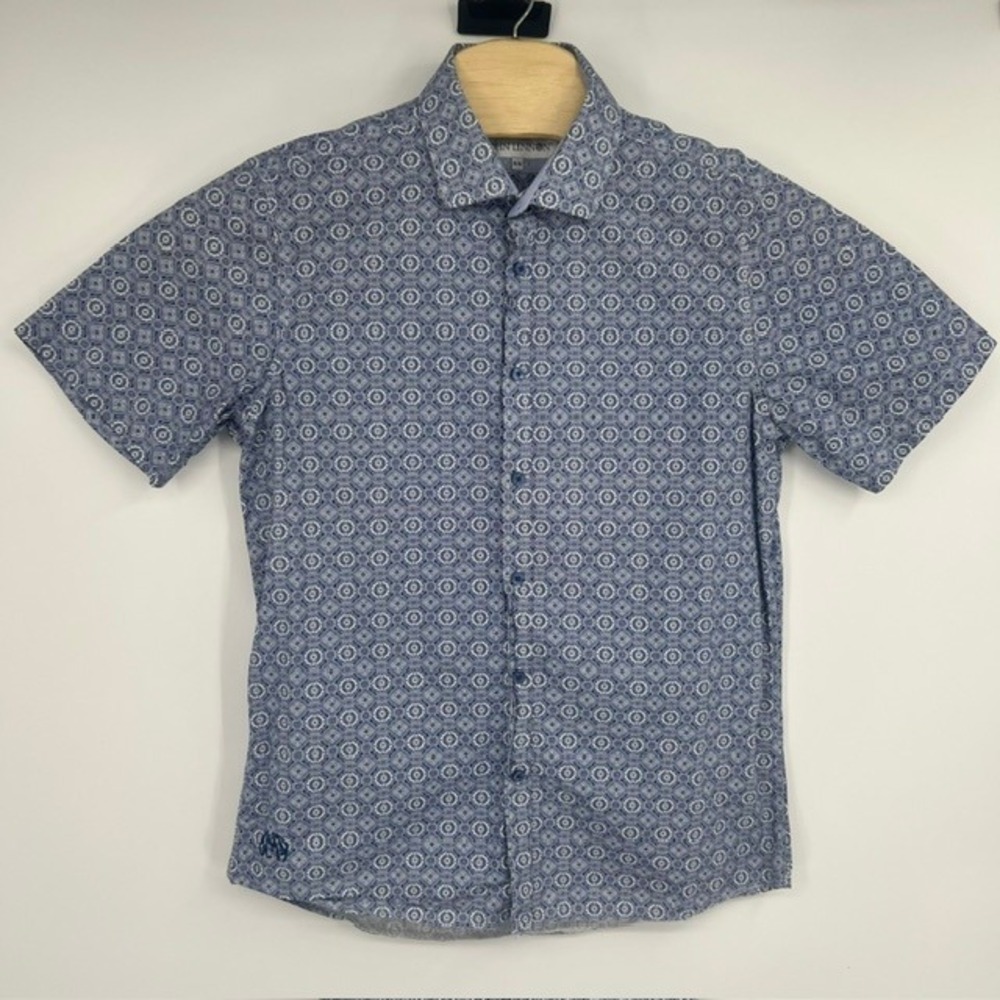 John Lennon Mens Blue Geometric Medallion Print Short Sleeve Cotton Shirt Size M